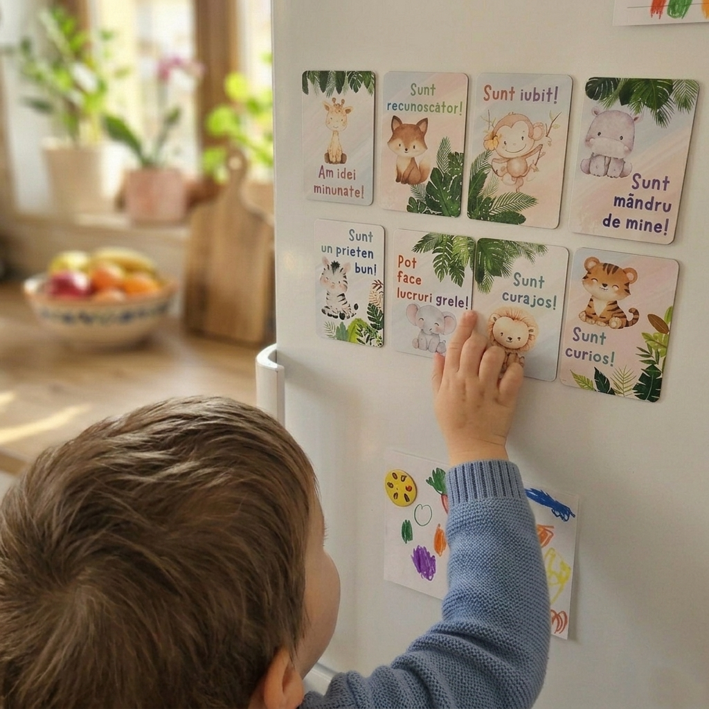 Carduri magnetice cu afirmatii pentru copii (set 8 buc)
